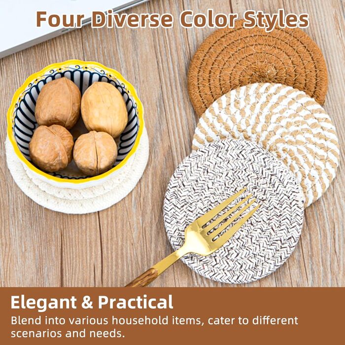 Absorbent Coasters for Drinks – Boho Coaster Set for Coffee Table – Stylish Natural Material, Home Decor, Colorful Cup Coasters with Holder, 10.9 inches, Light Coffee