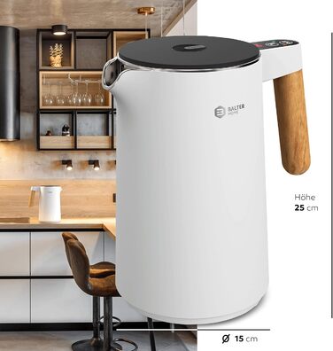 BALTER Stainless Steel Kettle with Temperature Setting, 45°C-100°C, Double-Walled, BPA-Free, Quiet & Cordless, Keep-Warm Function, Tea Kettle with Temperature Display, 1.5L, 2200W, Black (White)
