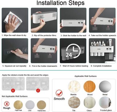 Тримач для зубних щіток настінний з автоматичним дозатором пасти для дітей та дорослих, 6 відділень для щіток, 2 магнітні стаканчики, сірий