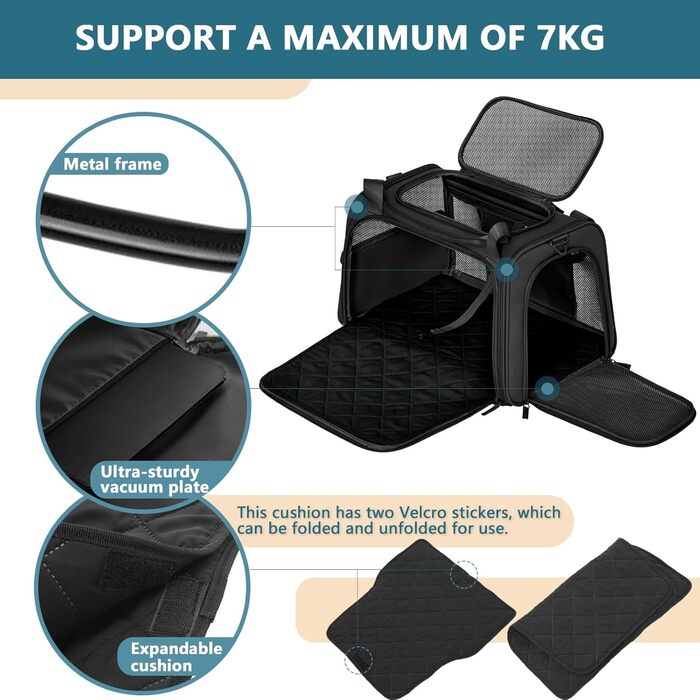 Переносна сумка-переноска для котів та собак Petsfit, розкладний дизайн, з м'яким розкладним килимком, чорна (47x30x30 см)