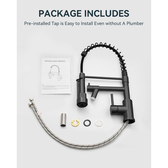 LED кухонний змішувач Warmiehomy з поворотним виливом 360°, 2 виходи, високий вигин, спіральна пружина, чорний