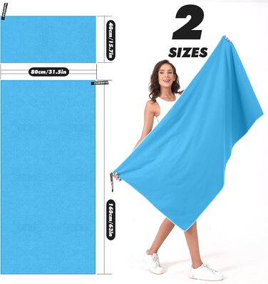 Набір рушників з мікрофібри PUWOWYE (2 шт.): великий (160x80 см) + маленький (80x40 см), швидковисихаючі, для спорту, фітнесу, сауни, пляжу, подорожей та відпочинку на природі (ясний блакитний)