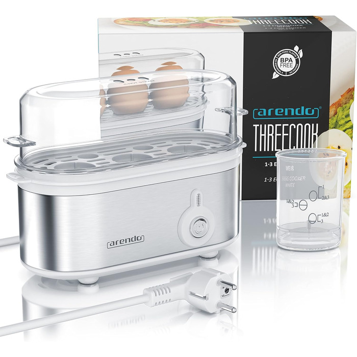 Електричний яйцевар Arendo Threecook з нержавіючої сталі - 1-3 яйця, регулювання ступеня готовності, безпечний, BPA-free