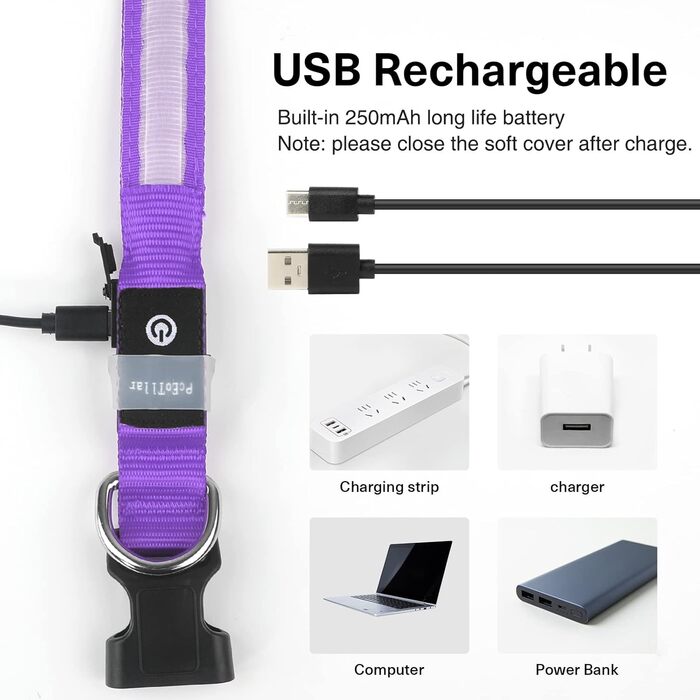 Світлодіодне нашийник для собак Leuchthalsband, вологостійкий, з 7 кольорами, регульований, для малих та великих собак, фіолетовий, 8 режимів, розмір M (38-50 см)