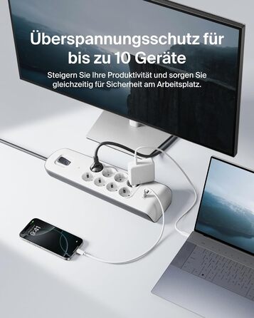 Мережевий фільтр Belkin з 8 розетками, захистом від перенапруги та USB-портами (2.4A), 2 м кабелю, для дому та офісу