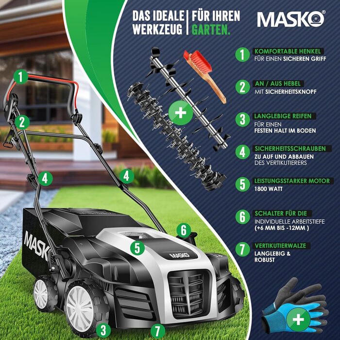 MASKO® Електричний аератор-скарифікатор 2в1 для газону, 1800 Вт, 40 см, 55 л, регулювання глибини, лоток, щітка, рукавички