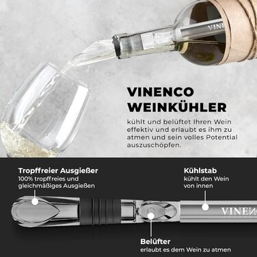 Набір для охолодження вина VINENCO DAS ORIGINAL: охолоджувач пляшок + декантер 7-в-1. Преміум аксесуари для вина: сталь, декантер, аератор, виливач. Ідеальний подарунок для жінок та чоловіків. Набір для червоного та білого вина з 2 охолоджувачами.