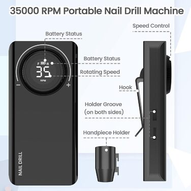 Електричний фрезер для манікюру та педикюру Delanie з акумулятором, 35000 об/хв, для гелю, акрилу, видалення кутикули, LED-дисплей, USB-зарядка (чорний)