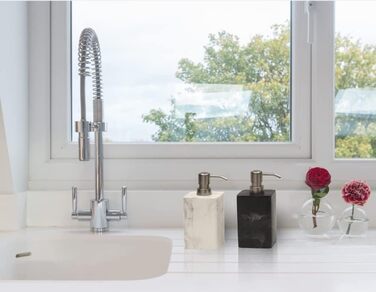 Дозатор для мила Suanti, 425 мл, з помпою з нержавіючої сталі, наповнюваний, квадратний, декоративний, для мила для рук, миття посуду та лосьйону, стиль мармур (срібна помпа - 2 шт.)