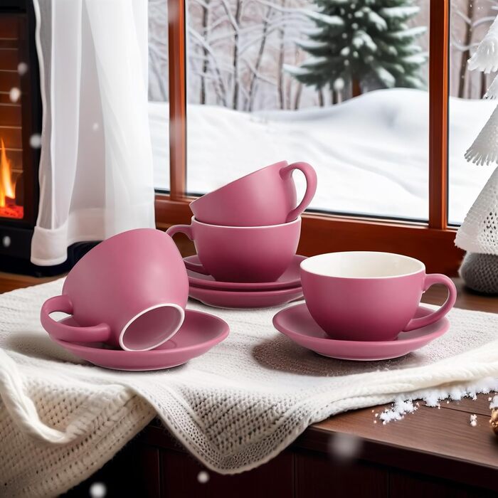 Набір кавових чашок Капучіно Yundu 4 шт. по 300 мл – керамічні чашки з блюдцями, матова палітра темних відтінків для латте-арту та бариста, великий набір мока чашок та блюдець (Матовий фіолетовий)