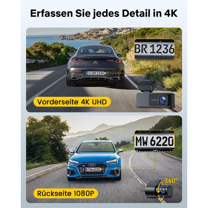 Відеореєстратор GKU Dashcam Auto: 4K/2.5K, GPS, Wi-Fi, Dual, 64GB, Паркування, WDR, 170° Кут огляду, G-сенсор, Loop, Макс. 256GB, Чорний
