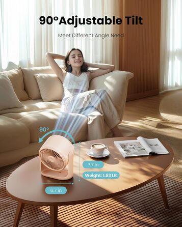 Настільний вентилятор Gaiatop з керуванням Touch, акумулятор 4000 mAh, 5 швидкостей, тихий міні-вентилятор з LED-дисплеєм, нахил 90°, зарядка через USB-C, для офісу, спальні, дому (Рожевий)