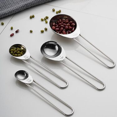 8-Piece Measuring Cup and Spoon Set, 4 Measuring Cups with Handles and 4 Coffee Measuring Spoons, Stainless Steel, Non-toxic, Rust-proof, Well-made, Professional Kitchen Measuring Set, Silver