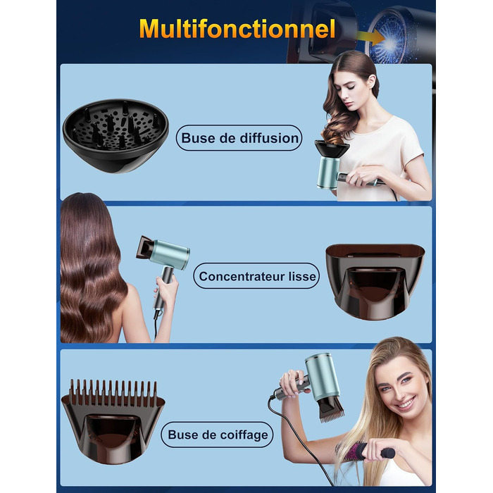 Фен 2400W складний іонний, професійний туристичний, з гарячою/холодною кнопкою, 3 режими нагріву, AC мотор, з насадкою-дифузором та сумкою для зберігання (сіро-блакитний)