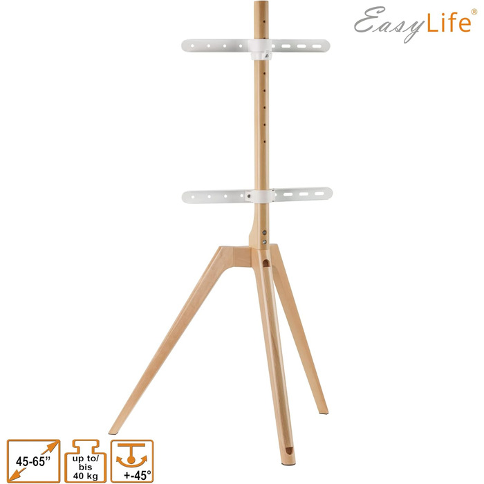 Стійка для телевізора EasyLife з дерева, трипод, для телевізорів/моніторів до 65 дюймів, 40 кг, поворотна, регульована по висоті, з кабелеуправлінням, VESA до 400x400 (Чорний/Бук)