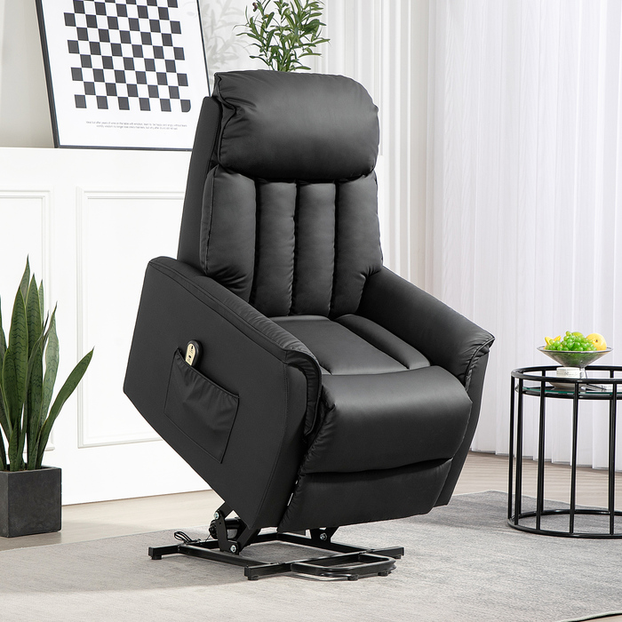HOMCOM Electric Recliner TV Chair with Lift Assistance, Reclining Function, Massage Chair with Footrest, Side Pocket, Remote Control, for Living Room, up to 150 kg, Faux Leather, Black | Aosom