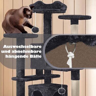 Кігтеточка-кольоротка Yaheetech 139 см, стабільна з 3 платформами, 3 стовпчиками, 2 печерами, плюшеві кульки, чорний колір