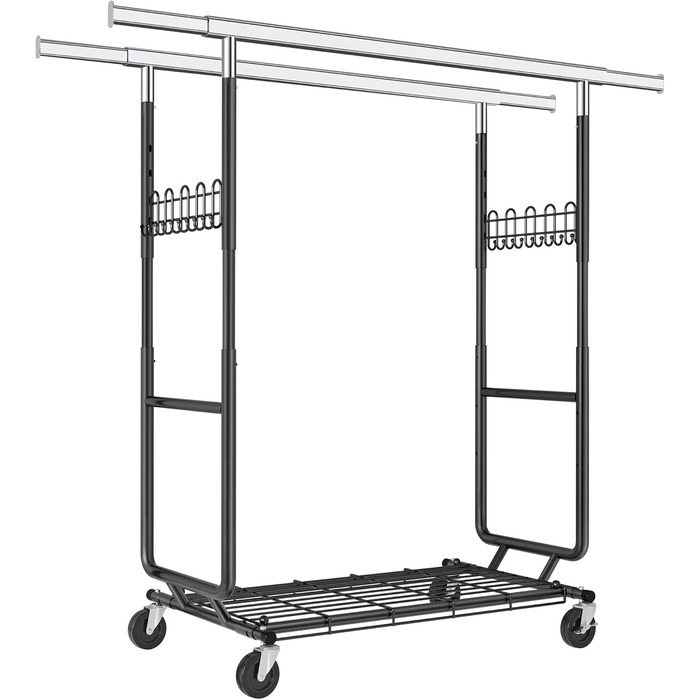 Стійка для одягу на колесах FAVOOOSTY, металева, мобільна, до 200 кг, чорна, 2 стяжки