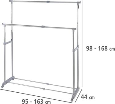 WENKO Clothes Rack, Folding, Clothes Storage with Adjustable Clothes Rod and Wheels, Plastic/Metal, 88 x 100-168 x 11-49 cm, Chrome/Grey (168 x 44 x 163 cm)