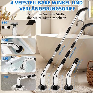 Електрична щітка для прибирання: 7 насадок, 3 довжини, 90 хв роботи, 2 режими швидкості для ванної, кухні, авто