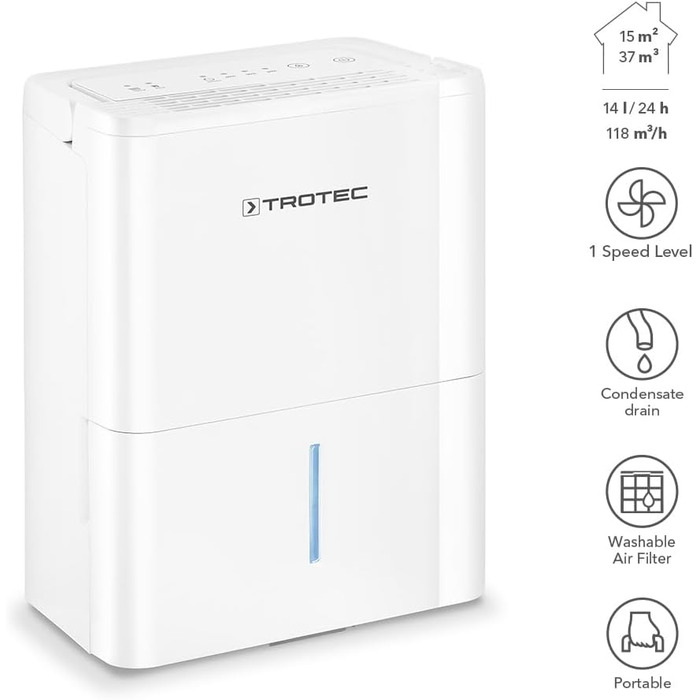 Електричний осушувач повітря Trotec TTK 32 E – продуктивність 14 л/день – площа 15 м² / 37 м³ – з автовимкненням – для квартири та спальні 15 м²