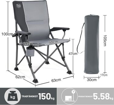 Складний туристичний стілець Timber Ridge 150 кг з високою спинкою, підлокітниками та підтримкою попереку. Ідеально для кемпінгу, риболовлі, пікніків, саду, балкону та спортивних заходів. Чорний (Поперекова підтримка сірого кольору)