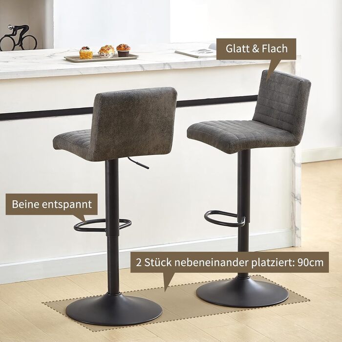 JYMTOM Adjustable Bar Stools Set - 360° Swivel Velvet Padded Counter Stools for Bar, Kitchen, Bistro, Cafe & Dining Room (2, Grey)