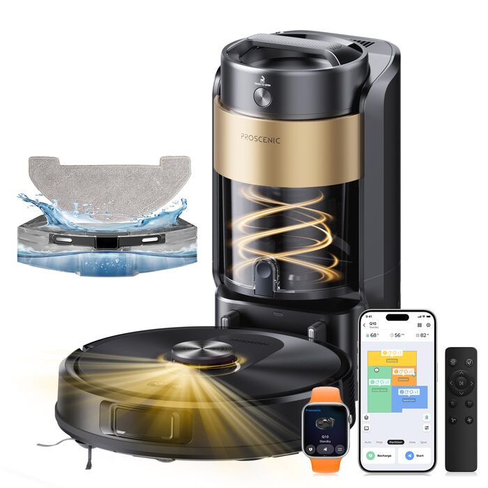 Робот-пилосос Proscenic Q20Plus з функцією миття, 10000Pa, 200хв, бездротовий, з автоматичним випорожненням, 3-в-1 для шерсті тварин, килимів та твердих поверхонь, чорний