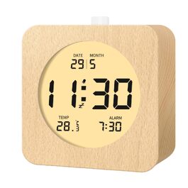 Цифровий настільний будильник aboveClock з дерев'яним корпусом, LCD-дисплей з температурою та датою, функція Snooze та підсвічуванням, квадратний