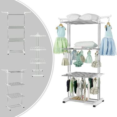 Foldable stainless steel clothes rack with wheels, portable, for indoor and outdoor use, white/gray