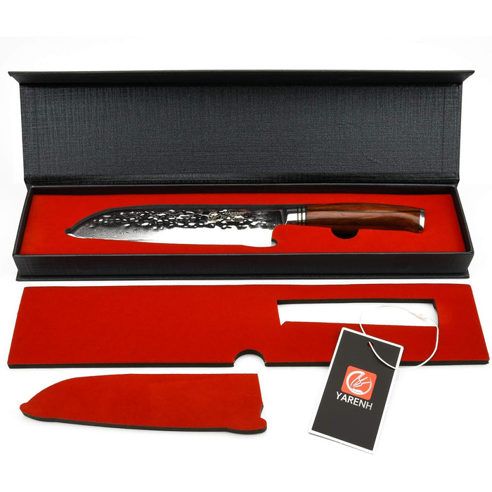 Кухонний ніж Santoku YARENH 18 см з дамаської сталі 73 шари, гострий, дерев'яна ручка, серія HTT