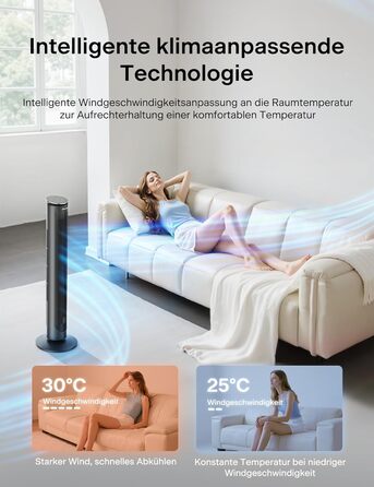 Турбовентилятор Pelonis Leiser - чорний, 106 см, 4.2 м/с, з пультом ДУ, 9-годинний таймер, 4 режими, 5 швидкостей, SMART-режим, LED-дисплей для спальні/офісу