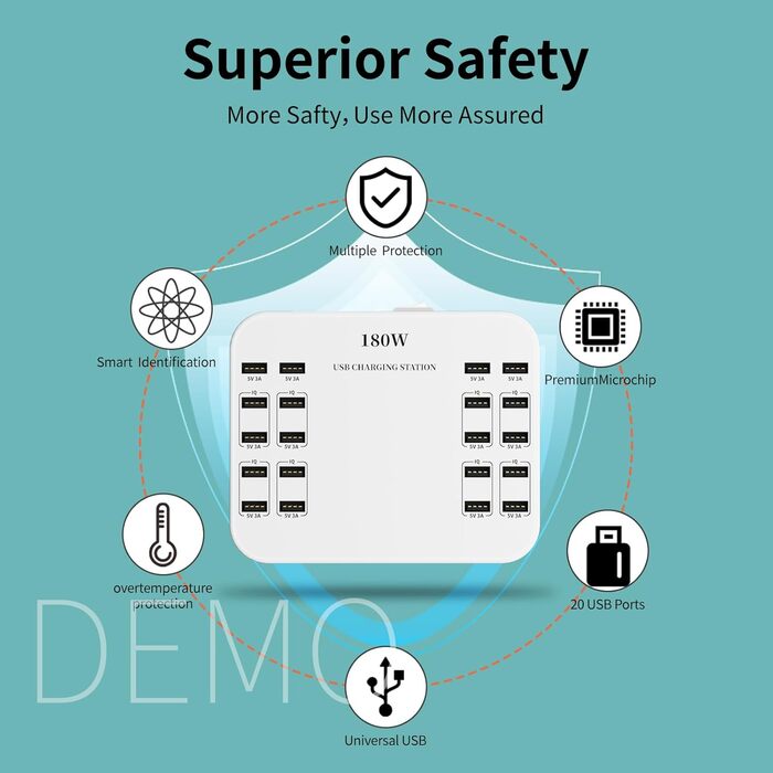 USB-зарядний пристрій 20 портів, портативна станція швидкої зарядки для iPhone, iPad, Samsung, Google, Xiaomi, Huawei та інших пристроїв