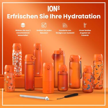 Ion8 Stainless Steel Water Bottle, 600 ml, Leak-Proof, One-Handed Opening, Secure Locking Mechanism, Dishwasher Safe, Flip-Top Lid, Carrying Handle, Easy to Clean, Durable & Scratch-Resistant (Stainless Steel, Orange)