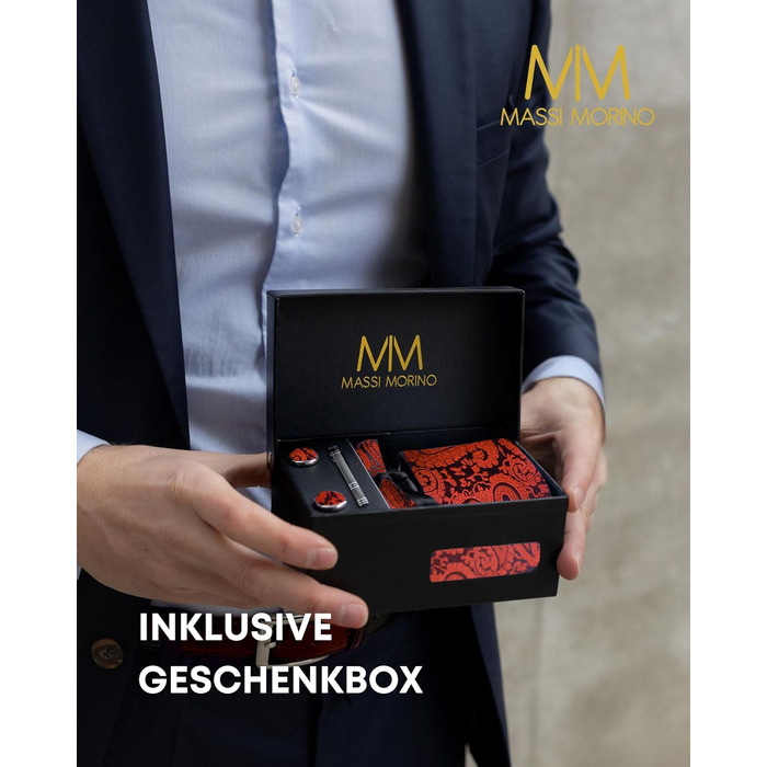 Набір краваток Massi Morino для чоловіків з нагрудним хустинкою, краватковою голкою та запонками. Ідеальний подарунок на весілля. Paisley, червоний колір.