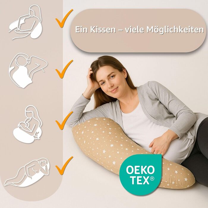 Подушка для вагітних Totsy Baby XXL 190 см - подушка для сну на боці, підтримка тіла, бавовна Oeko-Tex, бежево-біла зі зірками