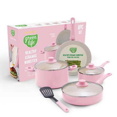 Набір посуду GreenLife Soft Grip 8 предметів: кераміка, антипригарне покриття, без PFAS, рожевий (Soft Pink) - для смаження, тушкування, соусів, зі скляними кришками та зручними ручками