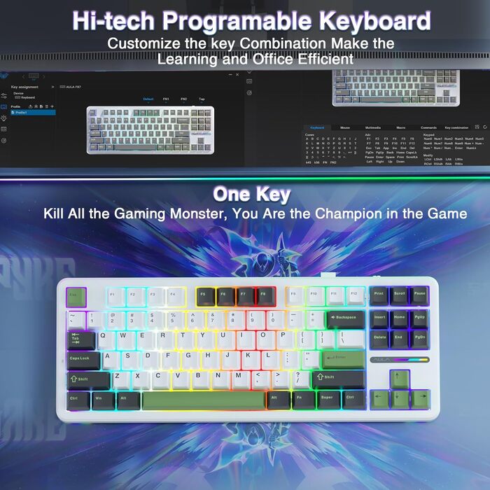 Ігрова механічна клавіатура AULA F87: бездротовий TKL, RGB, Hot-Swap, QWERTY, підтримка Bluetooth 5.0, п'ятишарове демпфування
