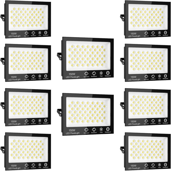 Світлодіодний прожектор Sararoom 150W 10000Лм, 156 LED, холодне світло 6500K, IP65, для вулиці, саду, гаража, подвір'я, дверей, 2 шт (10 шт у комплекті)