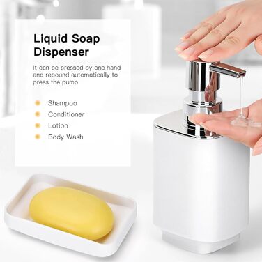 Сучасний 6-частинний набір для ванної кімнати білого кольору з дозатором для мила, тримачем для зубних щіток, мильницею, щіткою для унітазу, сміттєвим відром та склянкою з пластику та металу, білий