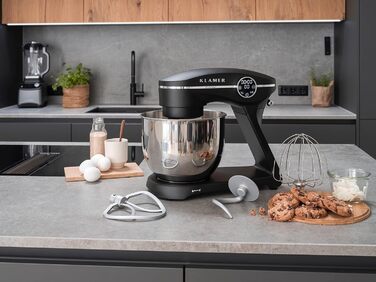 KLAMER 1800W Stand Mixer - Stainless Steel Bowl 6L, 10 Speed, Timer, Planetary Mixing, Dough Hook, Whisk & Beater - Black