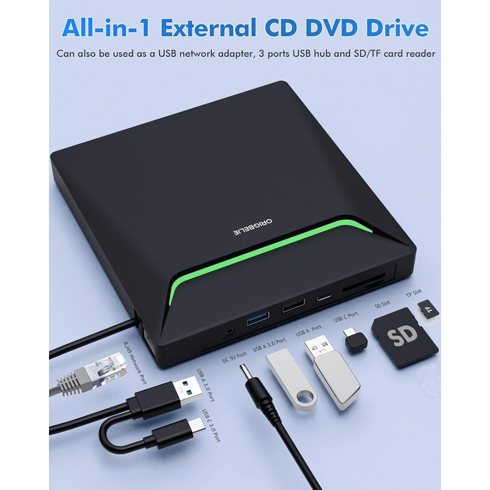 Зовнішній DVD-накопичувач ORIGBELIE з RJ45 Ethernet-адаптером та USB 3.0 хабом (3 USB, 2 TF/SD), зовнішній CD-записувач для ноутбука, MacBook, PC Windows, Linux, Mac OS, з сумкою для перенесення