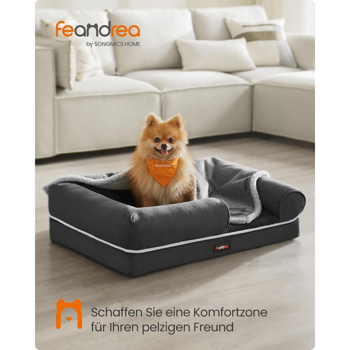 Feandrea Orthopedic Dog Bed, Dog Cushion, Dog Basket, Soft Padding, Dog Sofa, Raised Edges, Removable and Washable Cover, 91 x 71 x 20 cm, Non-Slip Bottom, PGW076G01 (L 76 x W 51 x H 18 cm, Dark Grey)
