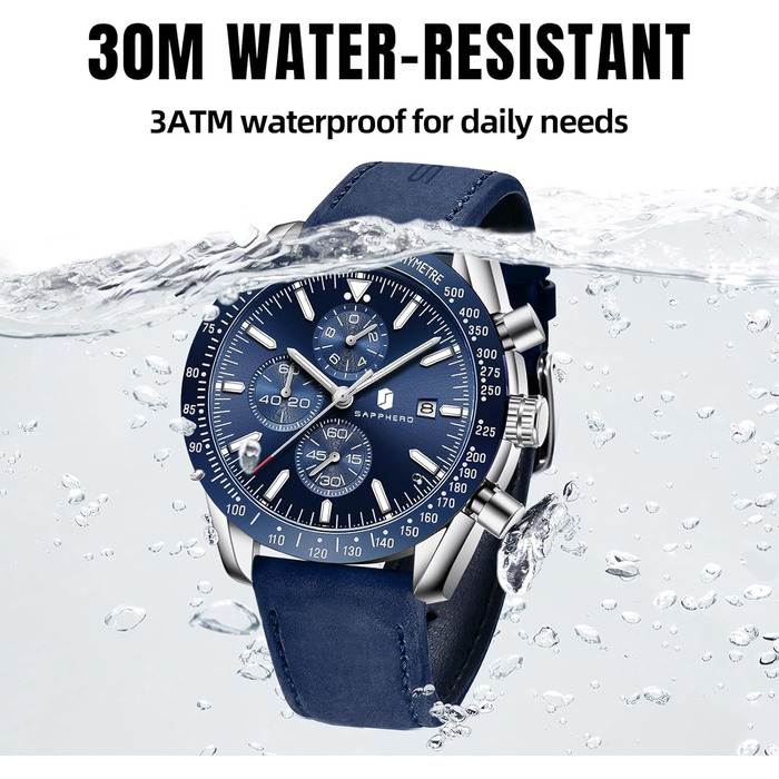 Годинник чоловічий BENYAR Chronograph з кварцовим механізмом, аналоговий, з шкіряним ремінцем. Стильний дизайн для бізнесу, спорту та повсякденного носіння. Водостійкість 30M. Елегантний подарунок для чоловіків (синій ремінець, сріблясте корпус, блакитний