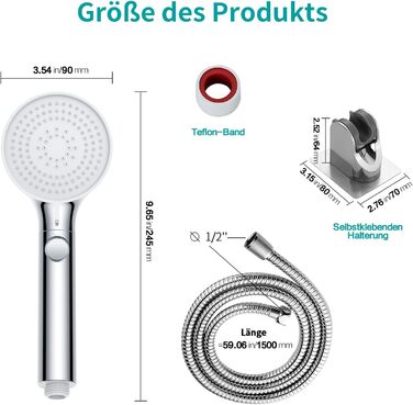 MIAOHUI Shower Head, Pressure-Boosting, Handheld Shower with 3 Spray Patterns, Water-Saving High-Pressure Shower Head with Water Stop Function, Shower Head with Hose and Teflon Tape (Chrome)