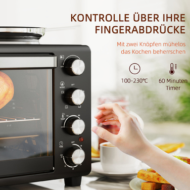 HOMCOM 28L Mini Oven 2600W Mini Oven 100-230℃ 60 Min. Timer, with 2 Warming Plates, Baking Tray and Grill Rack Pizza Oven with Crumb Tray, Tabletop Handle Black | Aosom