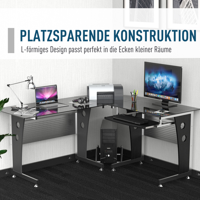 HOMCOM L-Shaped Corner Desk with Black Safety Glass 164x139x75 cm, stylish workspace for home office