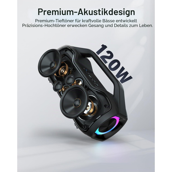 Bluetooth колонка портативна 120W з басами, водонепроникна IP65, підтримка DSP/TWS/AUX/TF/BT5.4, для вечірок та пляжу (Чорна)