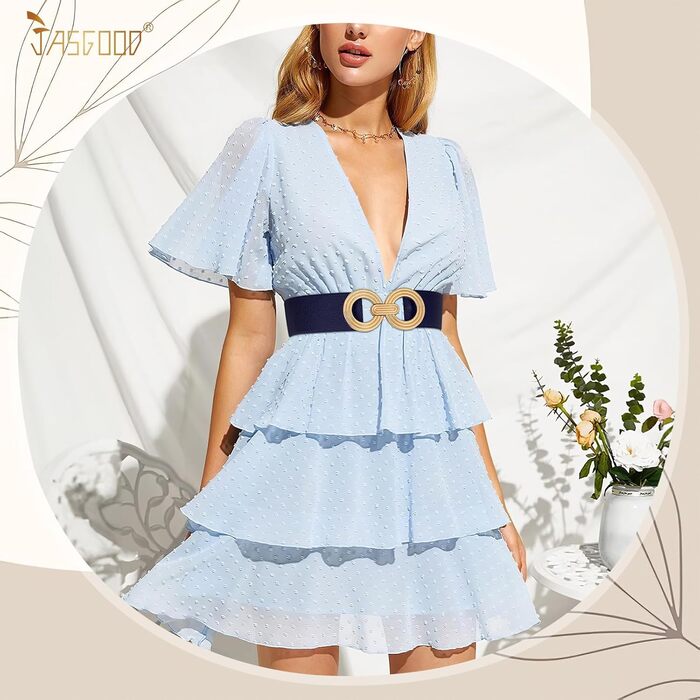 Жіночий широкий еластичний пояс JasGood з блискавкою, смугастий, для суконь та піджаків (Темно-синій, M: об'єм талії 71-80 см)