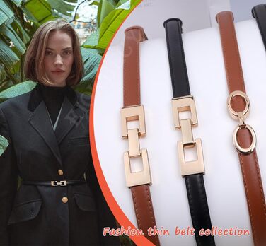 2 жіночі шкіряні ремені Skinny: чорний + білий (чорний + коричневий). Вузький тасьовий ремінь з золотою пряжкою для суконь та пальто.